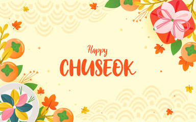 Happy Chuseok festival frame background vector illustration.Persimmons, songpyeon(rice cake) and Korean traditional gift wrapping