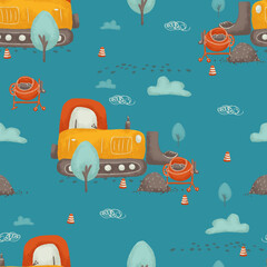 Seamless pattern of cartoon cute composition: construction vehicles with tree, sky, concrete mixer, crushed stone, concrete wall, building sign etc for kids. Perfect for your own design