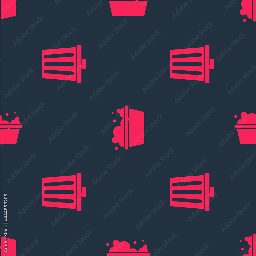 Poster set trash can and basin with soap suds on seamless pattern. vector