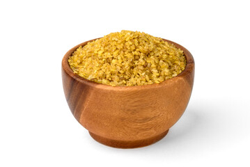 Bulgur in wooden bowl isolated on white background.
