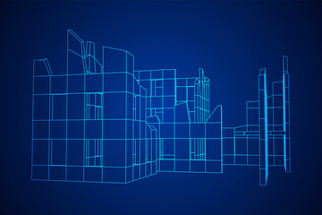 Destroyed building ruin and concrete, war destruction concept. Wireframe low poly mesh vector illustration.