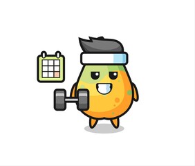 papaya mascot cartoon doing fitness with dumbbell