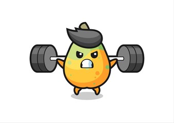 papaya mascot cartoon with a barbell
