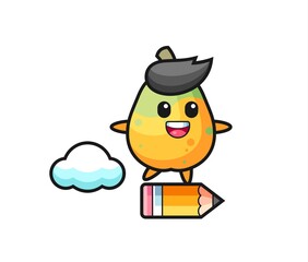 papaya mascot illustration riding on a giant pencil