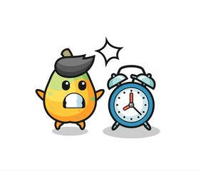Cartoon Illustration of papaya is surprised with a giant alarm clock