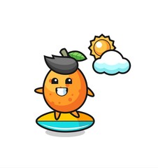 Illustration of kumquat cartoon do surfing on the beach