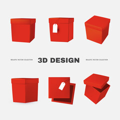 3D box collection in different view. Delivery and gift boxes realistic design isolated on white.