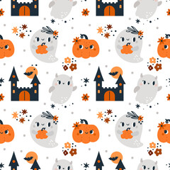 Happy Halloween Seamless pattern with Pumpkins, ghosts and magic elements isolated on white background. Autumn festive texture for textile with cartoon Halloween symbols. Print for holiday celebration