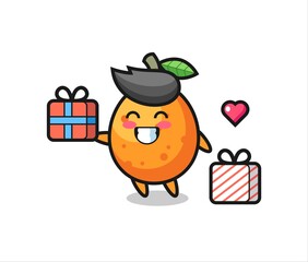 kumquat mascot cartoon giving the gift
