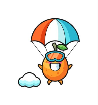 kumquat mascot cartoon is skydiving with happy gesture