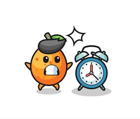 Cartoon Illustration of kumquat is surprised with a giant alarm clock