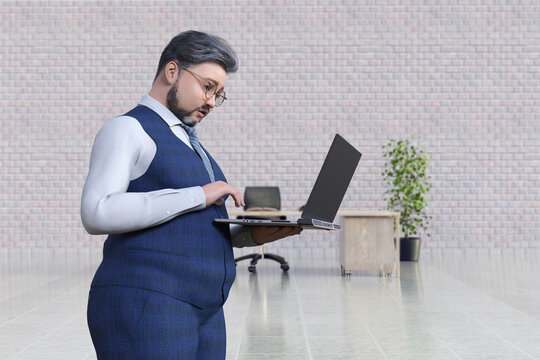 太った髭の男性がメガネをかけてノートパソコンを操作する