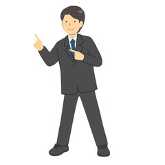A man in a suit doing a guide pose