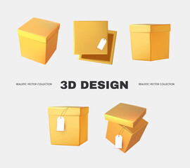 3D box collection in different view. Delivery and gift boxes realistic design isolated on white.