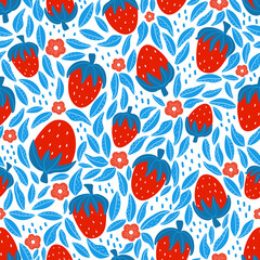 Constrast strwberry seamless pattern with blue and red colors on white background, oranate for kitchen textile or wrapping paper, summer vibes, healthy food concept for fabric and wallpaper