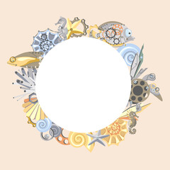 Circle frame with mechanical metal sea horses, fish, turtle, starfish, shell, seaweed, gear wheels. Steampunk style. Background with copy space for design. Flat style.