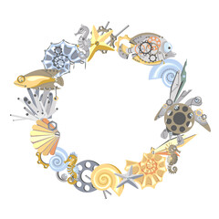 Abstract circle wreath of mechanical metal sea creatures. Sea horses, fish, turtle, starfish, shell, seaweed, gear wheels. Steampunk style. Cartoon design.