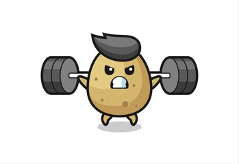 potato mascot cartoon with a barbell