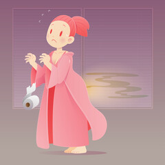 Cartoon woman in a pink nightgown farting, Vector, Funny face cartoon, Illustration