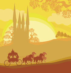 Silhouette of a horse carriage and a medieval castle