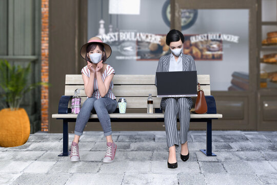 パン屋さんの前のベンチに座りソーシャルディスタンスを保つマスクをつけた散歩する女性と仕事をする会社員女性