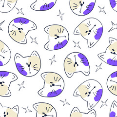 Seamless pattern with a cat. Cat, stars. Vector isolated on white background.