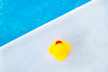 Fototapeta na wymiar Pato de goma junto al borde de una piscina al aire libre. Vista superior. Copy space