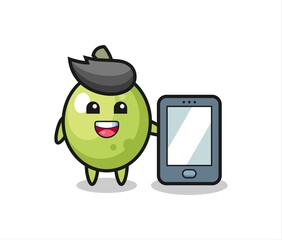 olive illustration cartoon holding a smartphone
