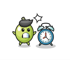 Cartoon Illustration of olive is surprised with a giant alarm clock