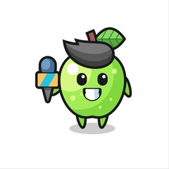 Character mascot of green apple as a news reporter