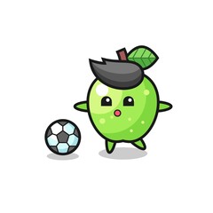 Illustration of green apple cartoon is playing soccer