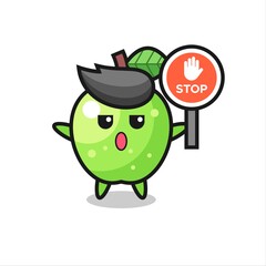 green apple character illustration holding a stop sign