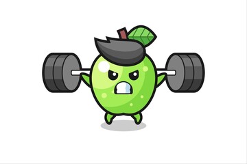 green apple mascot cartoon with a barbell