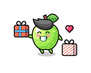 green apple mascot cartoon giving the gift