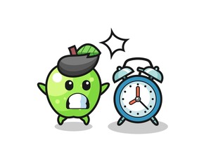 Cartoon Illustration of green apple is surprised with a giant alarm clock