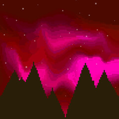 Night sky, Aurora Borealis, Northern Lights. Pixel background 8 bit Pixel art