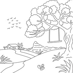 Cradle hanging on a tree vector illustration in cute line style coloring page suitable for adults and children