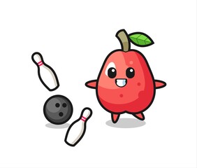 Character cartoon of water apple is playing bowling