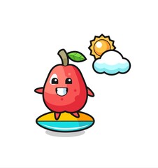 Illustration of water apple cartoon do surfing on the beach