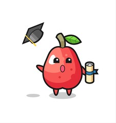 Illustration of water apple cartoon throwing the hat at graduation