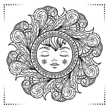 Black and white ethnic sleeping sun coloring page.