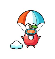 water apple mascot cartoon is skydiving with happy gesture