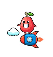 water apple mascot character riding a rocket