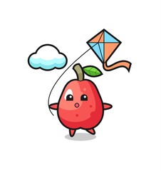water apple mascot illustration is playing kite