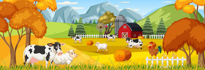 Farm horizontal landscape scene with farm animals