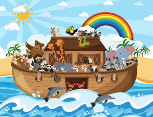 Noah's Ark with animals in the ocean scene