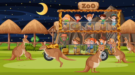 Fototapeta premium Safari at night scene with many kids watching leopard group