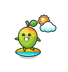 Illustration of mango cartoon do surfing on the beach