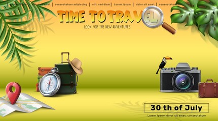 Vector travel banner. Vector travel tourist concept banner with realistic elements, luggage, camera map, compass in Africa safari trip style. © Real Vector