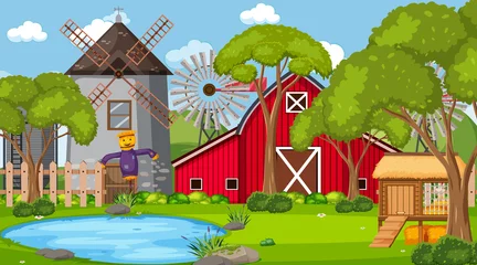 Meubelstickers Empty farm scene with red barn and windmill © brgfx